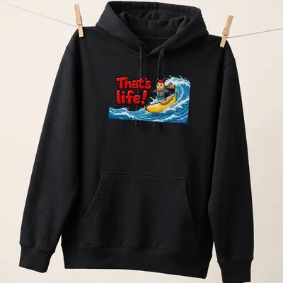 Cartoon design of a worm surfing on a banana with text 'That's life!' — printed on a unisex hoodie