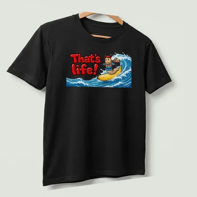 Cartoon design of a worm surfing on a banana with text 'That's life!' — printed on a unisex t-shirt (angled view)