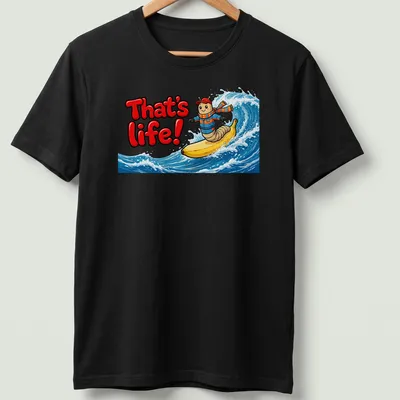 Cartoon design of a worm surfing on a banana with text 'That's life!'