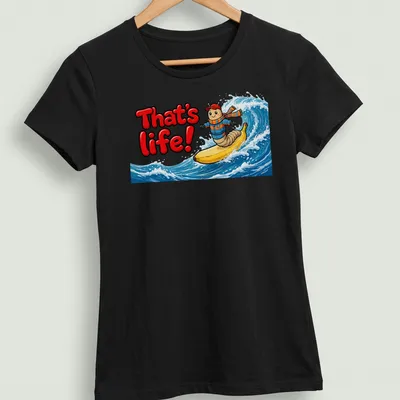 Cartoon design of a worm surfing on a banana with text 'That's life!' — printed on a women's shirt