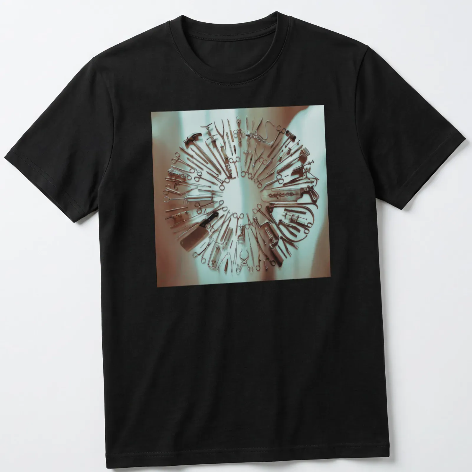 Photographic design of surgical tools in a circular arrangement on a T-shirt. — printed on a unisex t-shirt