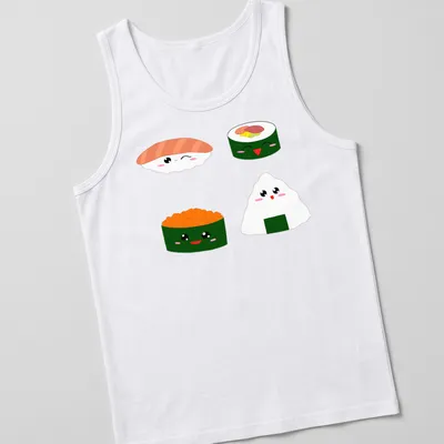 Kawaii sushi characters with cute expressions in pink, green, orange, and white — printed on a tank top
