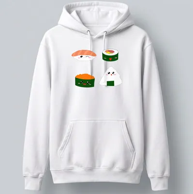 Kawaii sushi characters with cute expressions in pink, green, orange, and white — printed on a unisex hoodie