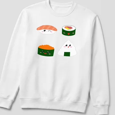 Kawaii sushi characters with cute expressions in pink, green, orange, and white — printed on a unisex sweatshirt