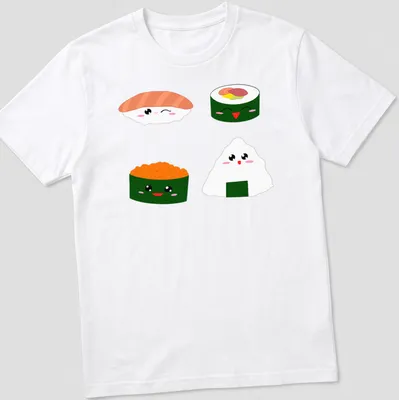 Kawaii sushi characters with cute expressions in pink, green, orange, and white