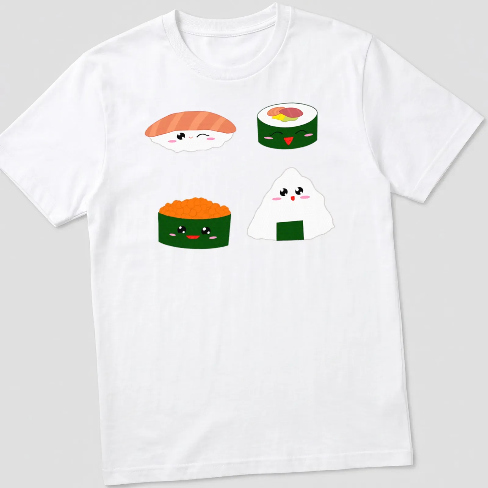Kawaii sushi characters with cute expressions in pink, green, orange, and white — printed on a unisex t-shirt