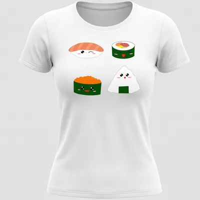 Kawaii sushi characters with cute expressions in pink, green, orange, and white — printed on a women's shirt