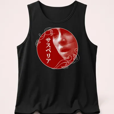 Art Nouveau Gothic portrait with Japanese text in red and white — printed on a tank top