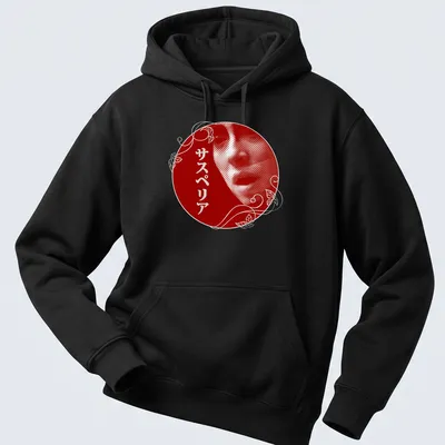 Art Nouveau Gothic portrait with Japanese text in red and white — printed on a unisex hoodie