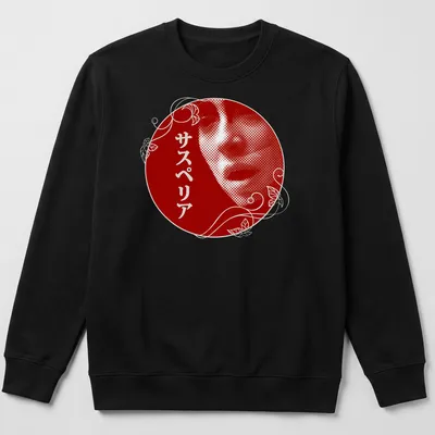 Art Nouveau Gothic portrait with Japanese text in red and white — printed on a unisex sweatshirt