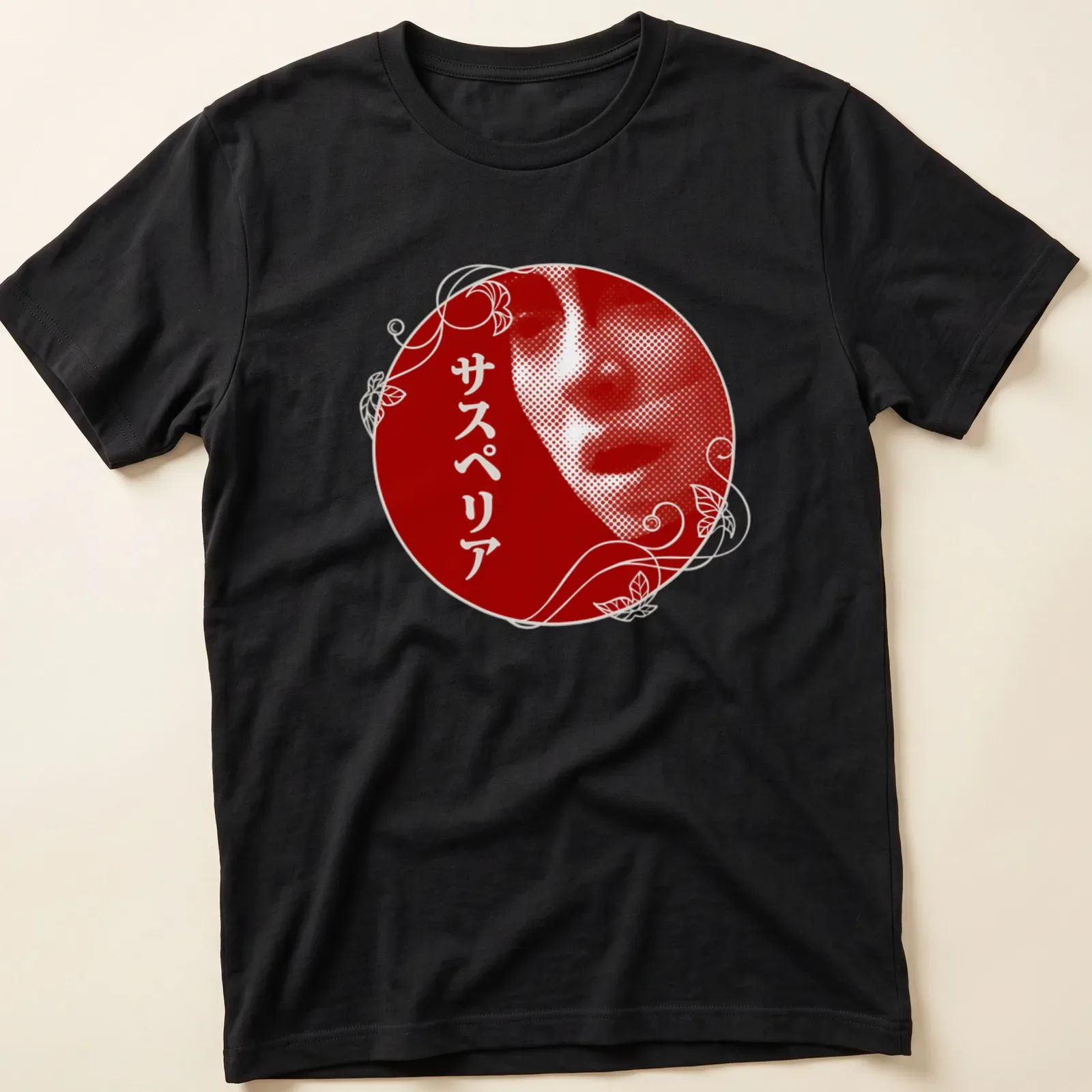 Art Nouveau Gothic portrait with Japanese text in red and white — printed on a unisex t-shirt