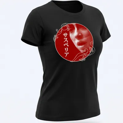 Art Nouveau Gothic portrait with Japanese text in red and white — printed on a women's shirt