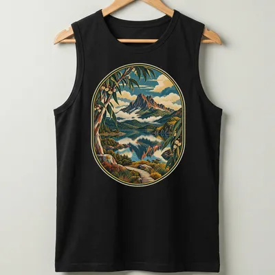 Vintage landscape T-shirt featuring mountains and lake in blue, green, brown, and orange — printed on a tank top