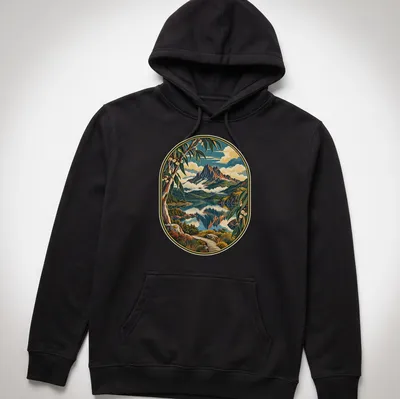 Vintage landscape T-shirt featuring mountains and lake in blue, green, brown, and orange — printed on a unisex hoodie