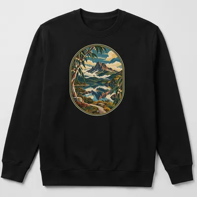 Vintage landscape T-shirt featuring mountains and lake in blue, green, brown, and orange — printed on a unisex sweatshirt