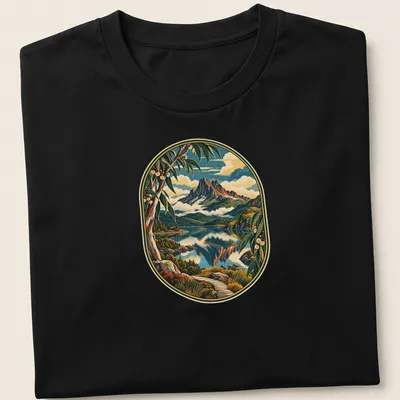 Vintage landscape T-shirt featuring mountains and lake in blue, green, brown, and orange
