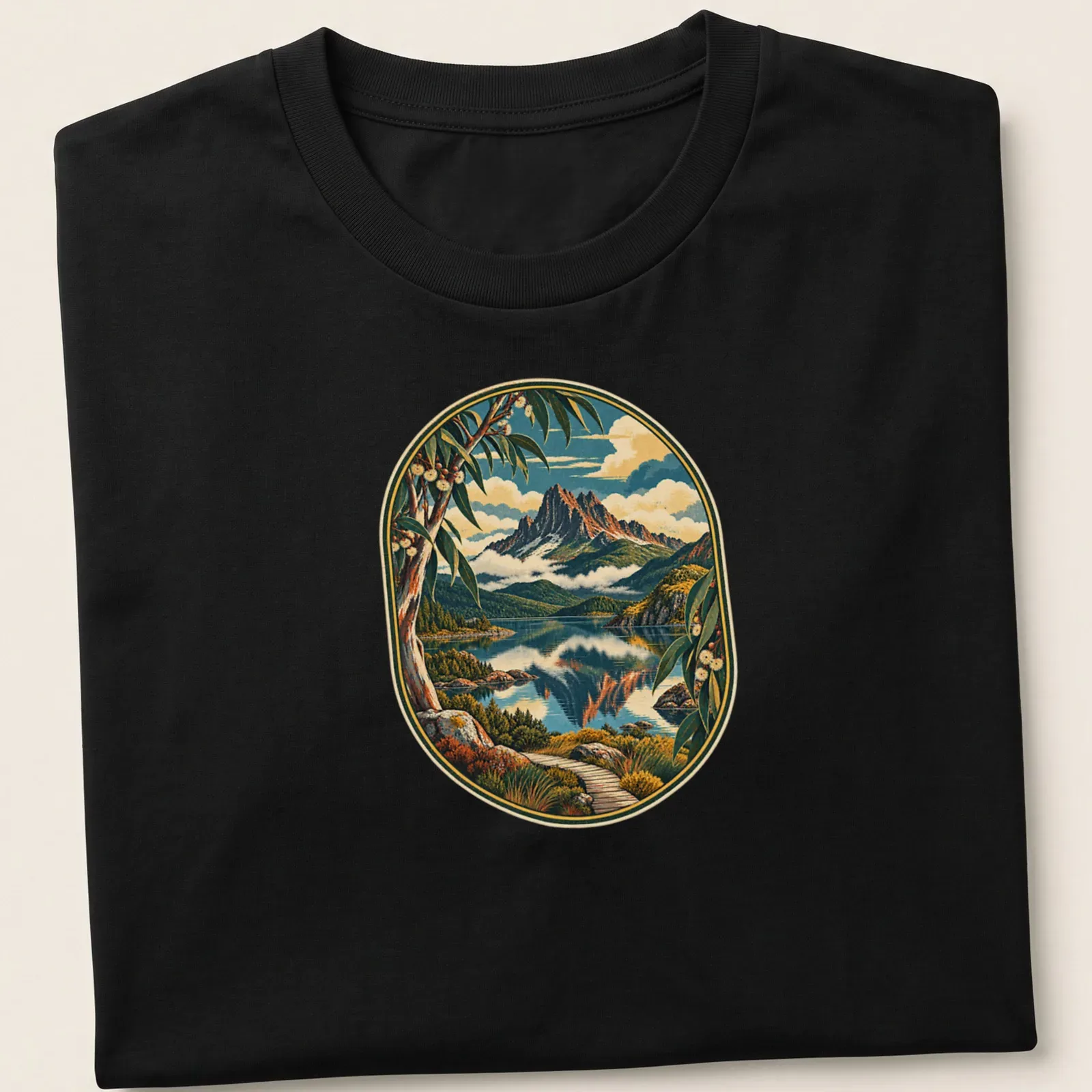 Vintage landscape T-shirt featuring mountains and lake in blue, green, brown, and orange — printed on a unisex t-shirt
