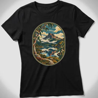 Vintage landscape T-shirt featuring mountains and lake in blue, green, brown, and orange — printed on a women's shirt