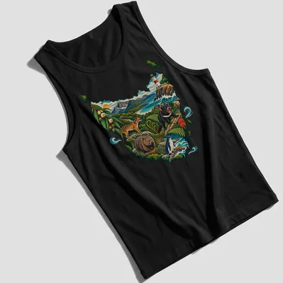 Vibrant illustration of Tasmanian wildlife and landscapes in rich colors — printed on a tank top