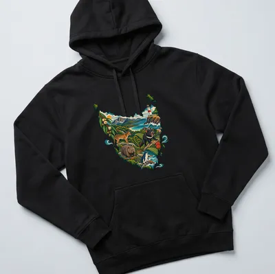 Vibrant illustration of Tasmanian wildlife and landscapes in rich colors — printed on a unisex hoodie