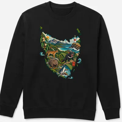 Vibrant illustration of Tasmanian wildlife and landscapes in rich colors — printed on a unisex sweatshirt