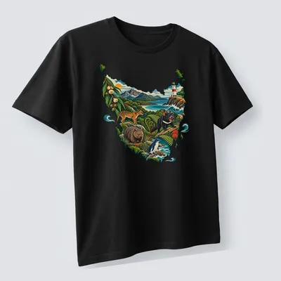 Vibrant illustration of Tasmanian wildlife and landscapes in rich colors — printed on a unisex t-shirt (angled view)