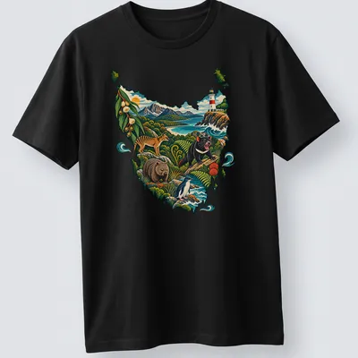 Vibrant illustration of Tasmanian wildlife and landscapes in rich colors