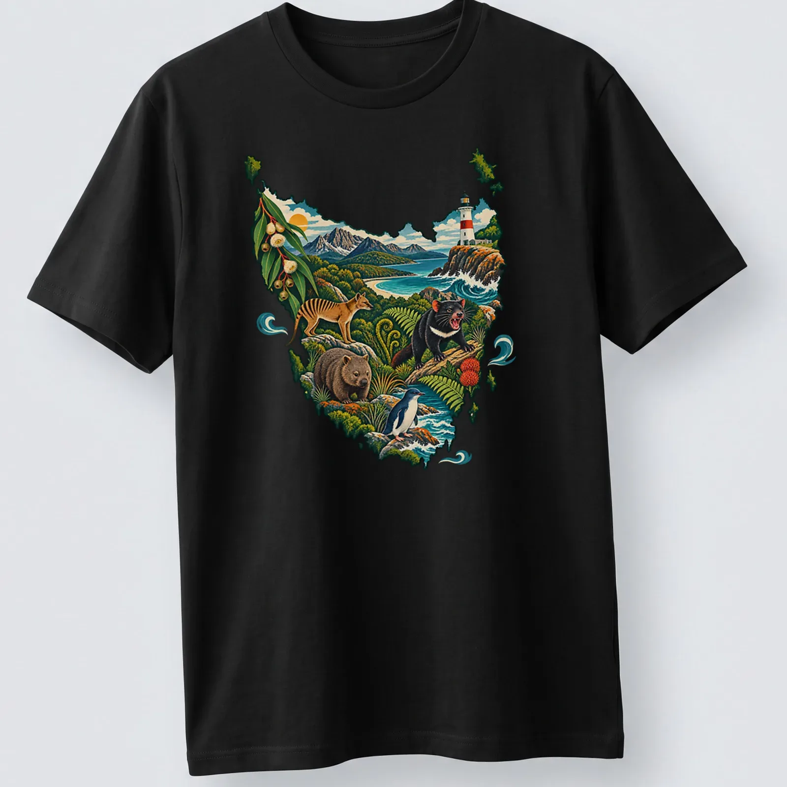 Vibrant illustration of Tasmanian wildlife and landscapes in rich colors — printed on a unisex t-shirt
