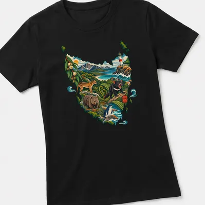 Vibrant illustration of Tasmanian wildlife and landscapes in rich colors — printed on a women's shirt