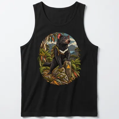 Detailed illustration of a Tasmanian devil in a lush natural setting — printed on a tank top