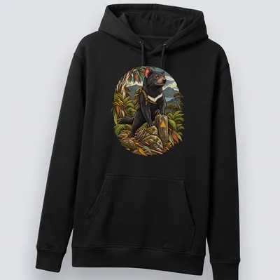 Detailed illustration of a Tasmanian devil in a lush natural setting — printed on a unisex hoodie