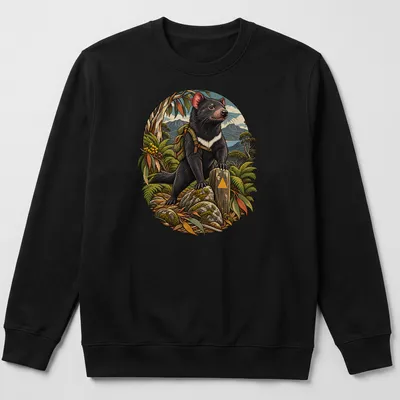 Detailed illustration of a Tasmanian devil in a lush natural setting — printed on a unisex sweatshirt