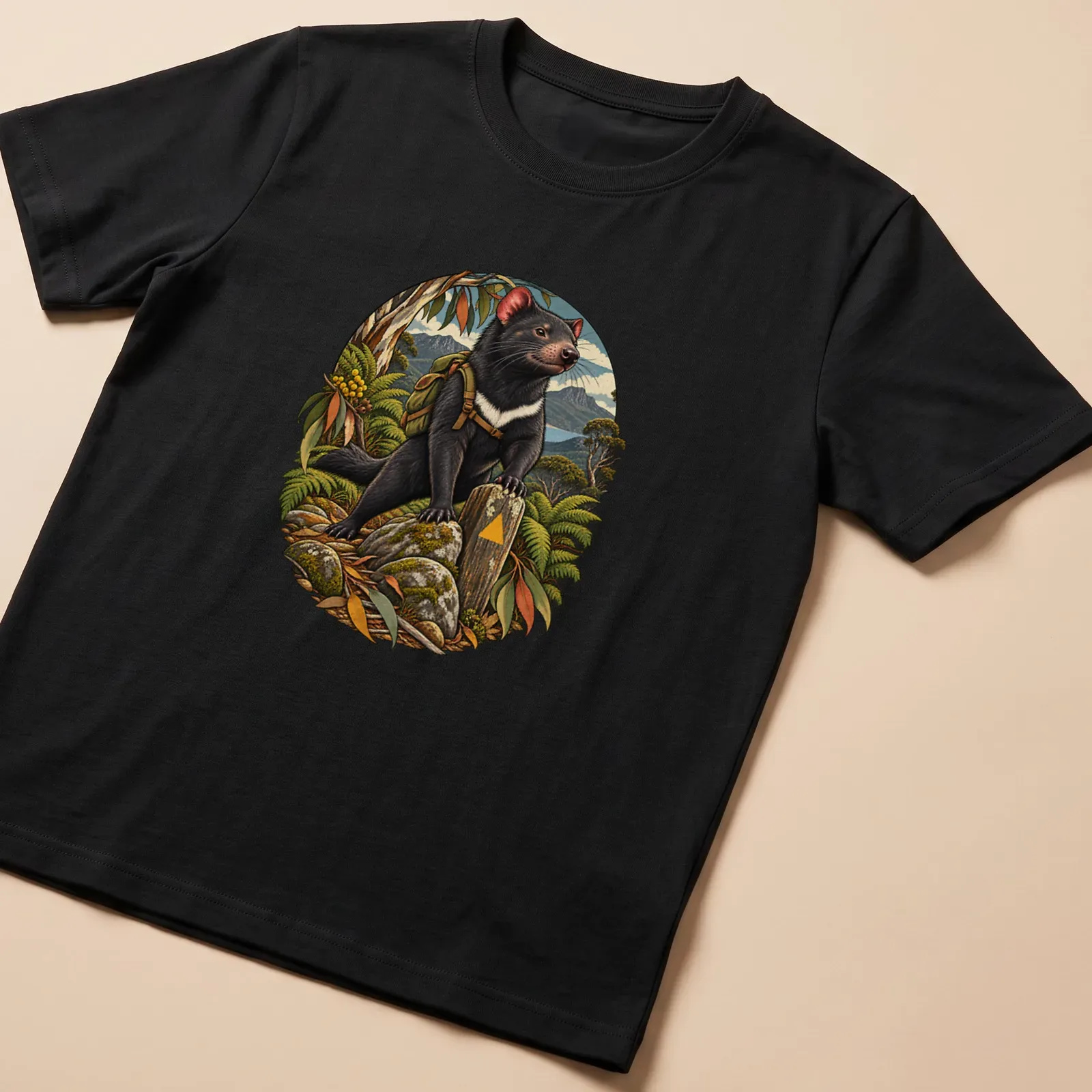 Detailed illustration of a Tasmanian devil in a lush natural setting — printed on a unisex t-shirt