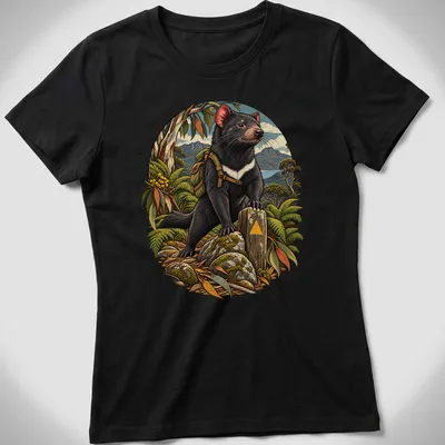 Detailed illustration of a Tasmanian devil in a lush natural setting — printed on a women's shirt