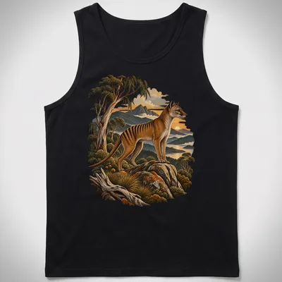 Realistic Tasmanian tiger in a scenic wilderness setting with lush greenery. — printed on a tank top