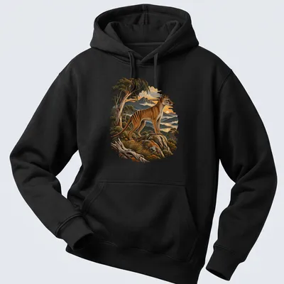 Realistic Tasmanian tiger in a scenic wilderness setting with lush greenery. — printed on a unisex hoodie