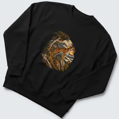 Realistic Tasmanian tiger in a scenic wilderness setting with lush greenery. — printed on a unisex sweatshirt