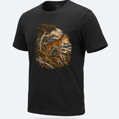 Realistic Tasmanian tiger in a scenic wilderness setting with lush greenery.