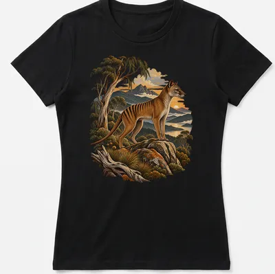 Realistic Tasmanian tiger in a scenic wilderness setting with lush greenery. — printed on a women's shirt