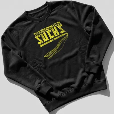 Distressed bold text reads 'Technofeudalism Sucks' with a whip graphic in yellow. — printed on a unisex sweatshirt