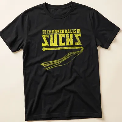 Distressed bold text reads 'Technofeudalism Sucks' with a whip graphic in yellow.