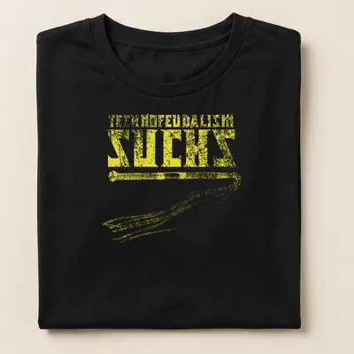 Distressed bold text reads 'Technofeudalism Sucks' with a whip graphic in yellow. — printed on a women's shirt
