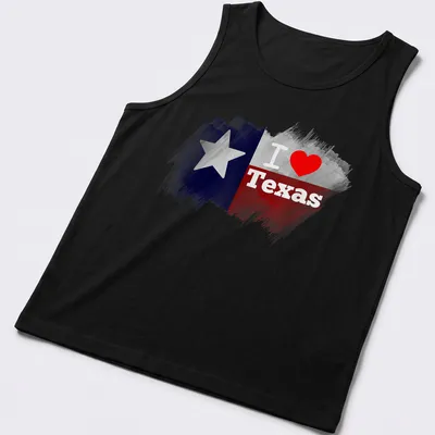Watercolor Texas flag with 'I ❤️ Texas' text in red and blue — printed on a tank top