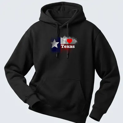 Watercolor Texas flag with 'I ❤️ Texas' text in red and blue — printed on a unisex hoodie