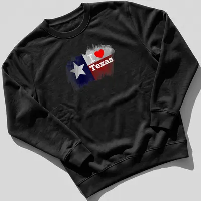 Watercolor Texas flag with 'I ❤️ Texas' text in red and blue — printed on a unisex sweatshirt