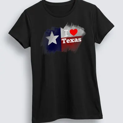 Watercolor Texas flag with 'I ❤️ Texas' text in red and blue — printed on a women's shirt