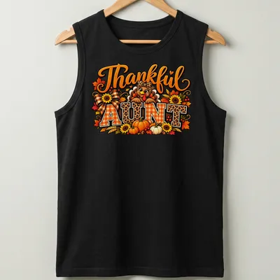 Colorful Thanksgiving t-shirt featuring a turkey and plaid/leopard prints with 'Thankful AUNT' text — printed on a tank top