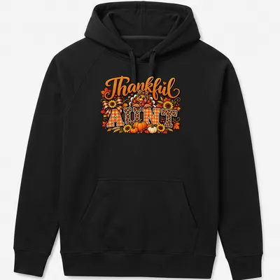 Colorful Thanksgiving t-shirt featuring a turkey and plaid/leopard prints with 'Thankful AUNT' text — printed on a unisex hoodie