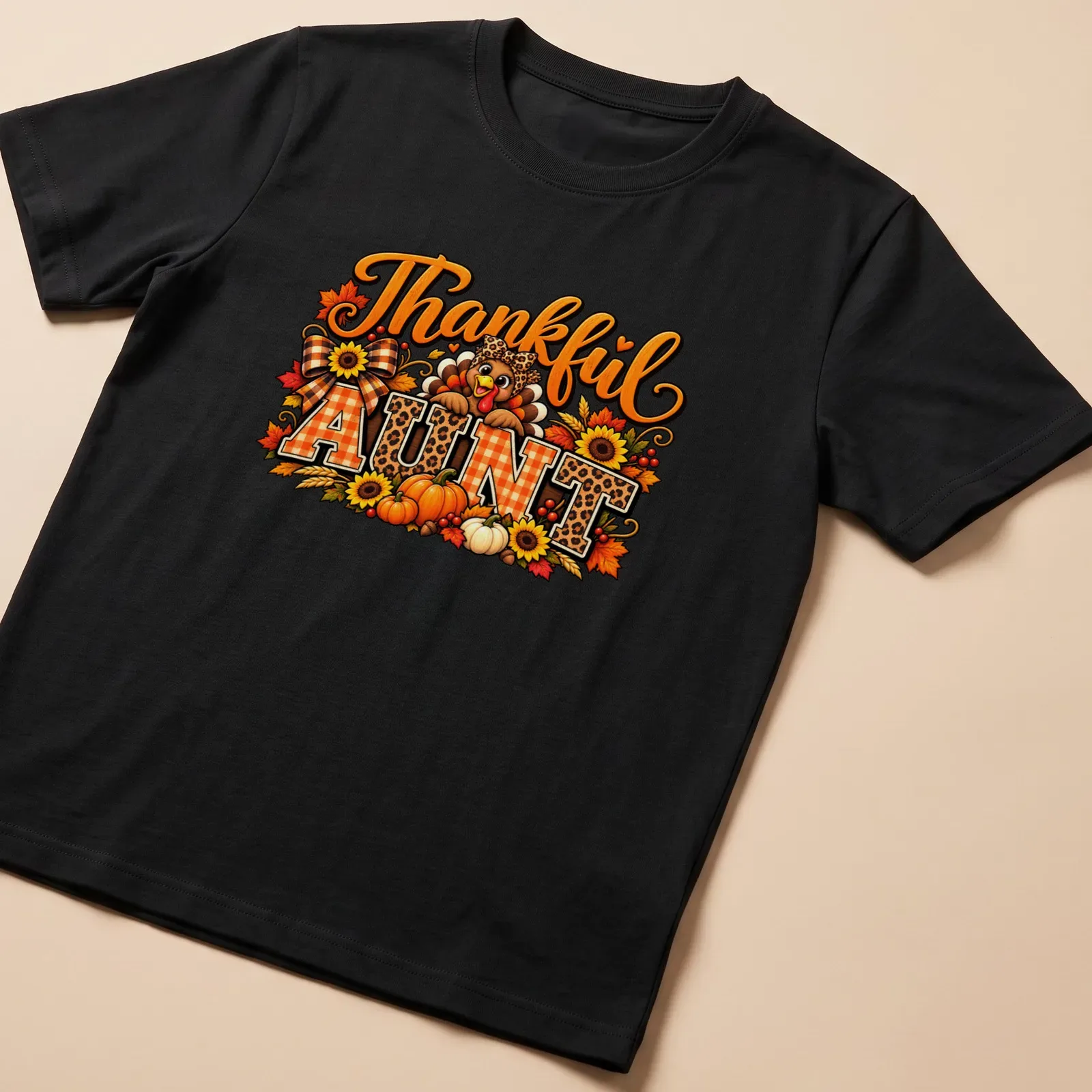 Colorful Thanksgiving t-shirt featuring a turkey and plaid/leopard prints with 'Thankful AUNT' text — printed on a unisex t-shirt