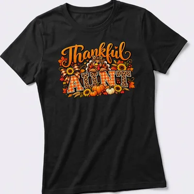 Colorful Thanksgiving t-shirt featuring a turkey and plaid/leopard prints with 'Thankful AUNT' text — printed on a women's shirt